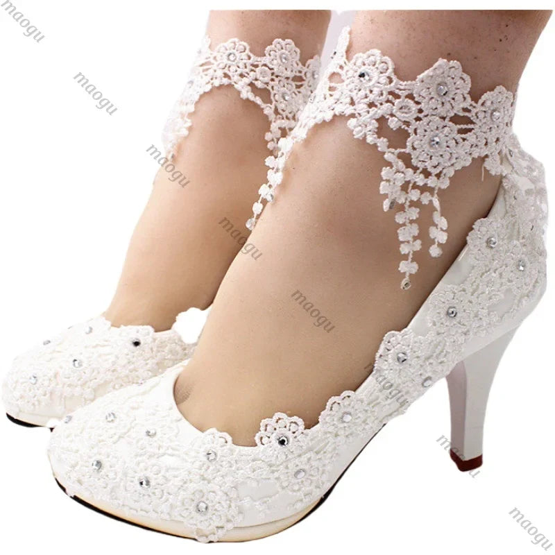 New Shoes Woman Bride Elegant White Lace Pearl Design High Heels Women's High Heels Bride Wedding Shoes Ladies