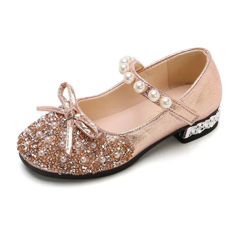 Little Kids Pearl Glitter Leather Shoes Girls Low Heeled Shoes Soft Soles Princess Dance Shoes Children Wedding Party Dress Shoe