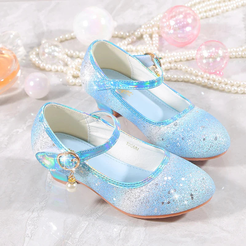 YUNICUS Girls High Heels Princess Shoes Students Children's Single Shoes Little Girl Performance Sequins Glitter Leather Shoes