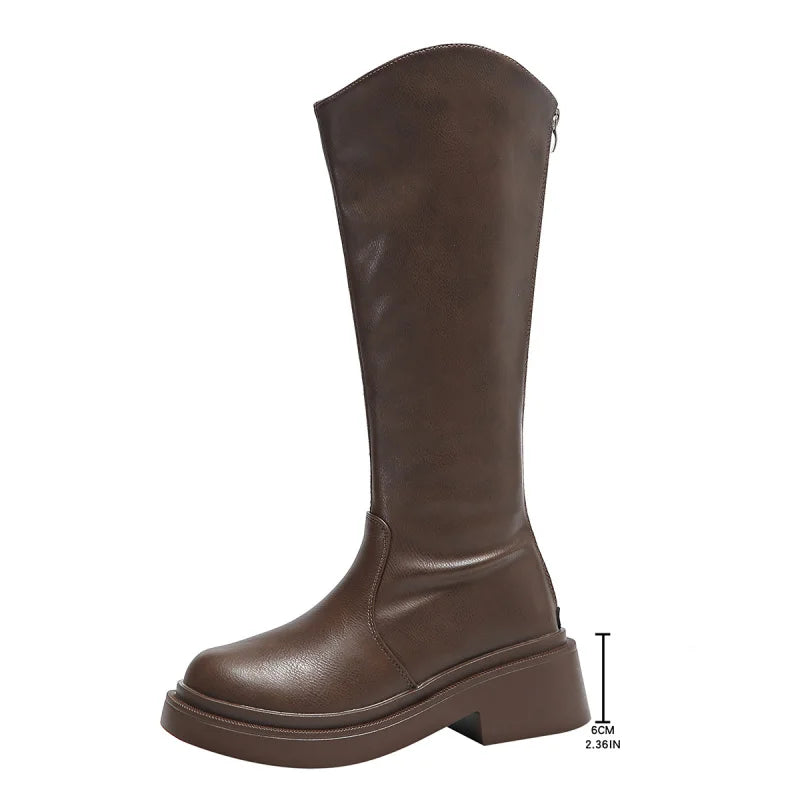Women's High-top Fashion Boots Spring Autumn Round Toe High-Heeled Boots with Back Zipper Comfortable Simple High-Top Boots
