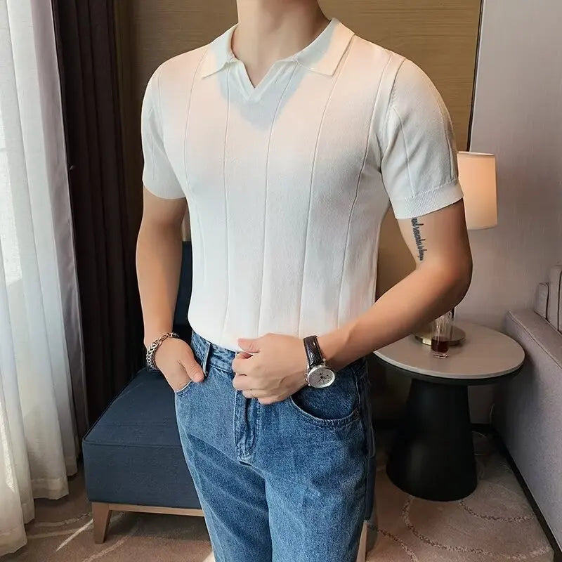 Summer New Short-sleeved Knitted T-shirt for Men, Stylish and Versatile High-end V-neck POLO Shirt