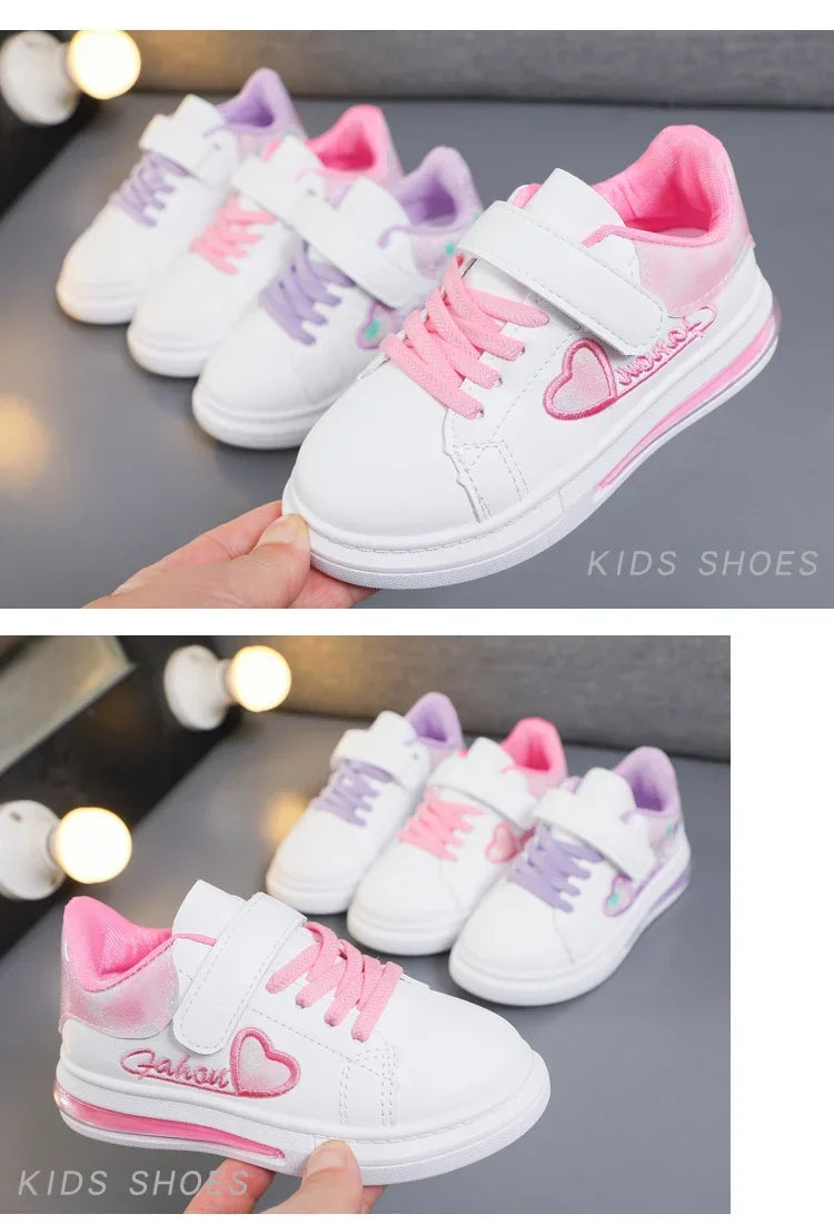 Girls Casual Shoes Kids Skate Shoes White School Sneakers Children's Sports Running Shoes with Heart Love Embroidery Sweet Soft