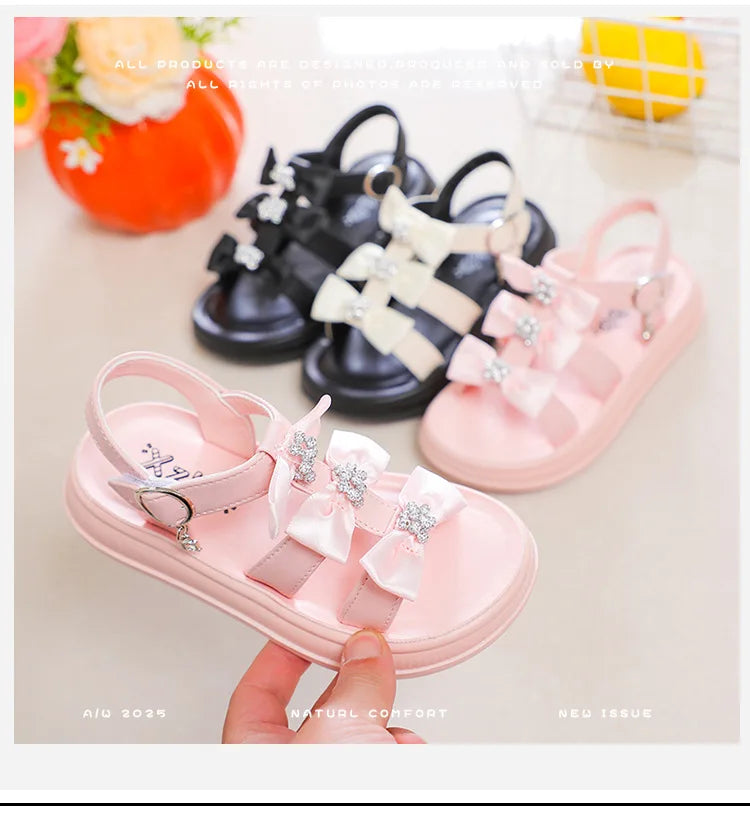 Girls Sandals with Sweet Bows Soft Sole Kids Beach Shoes Versatile 2025 Summer New Children Princess Shoes Casual Non-slip Cute