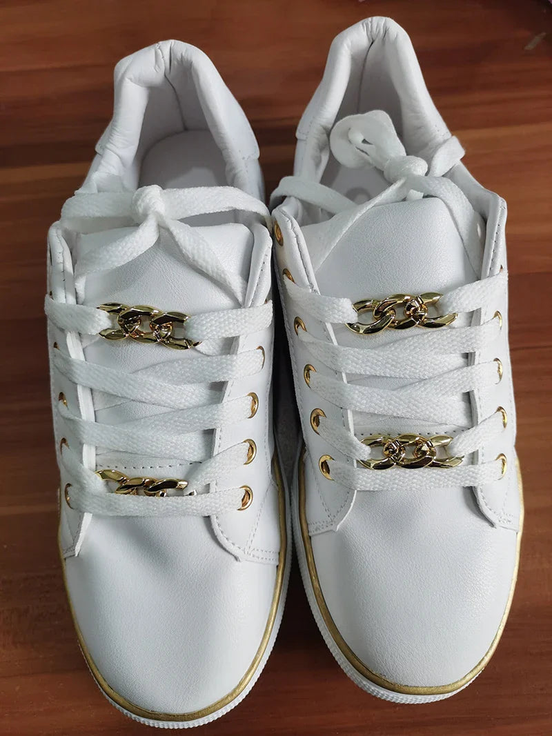 Women's Sneakers 2023 New Fashion Chain Leather Comfortable Round Toe Platform Sneakers Lace-up Walking Women's Vulcanized Shoes