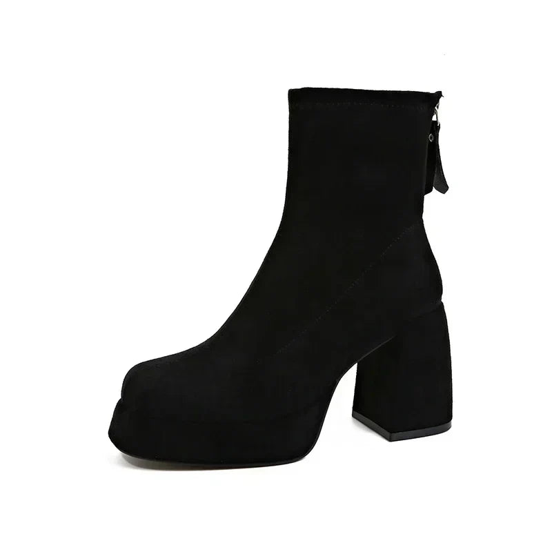 2024 Women's Fashion High-heeled Boots Winter New British Style Soft Sole Anti-slippery Catwalk Versatile Keep Warm Leather Shoe