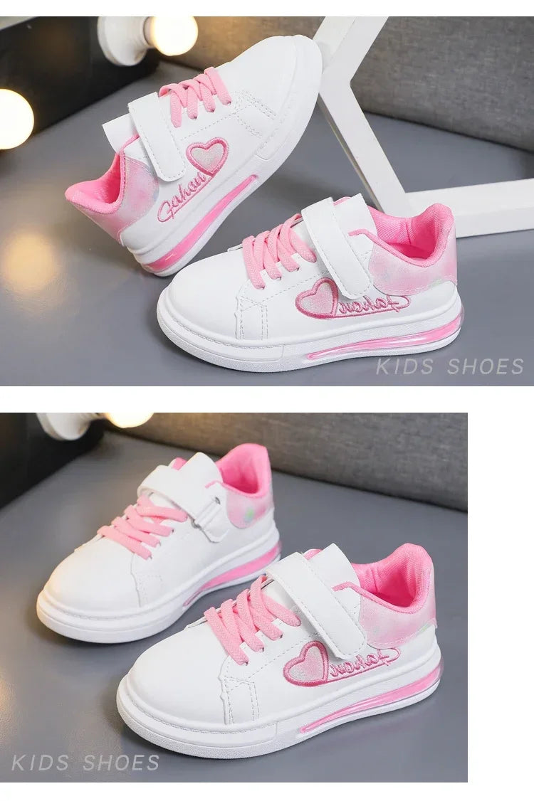 Girls Casual Shoes Kids Skate Shoes White School Sneakers Children's Sports Running Shoes with Heart Love Embroidery Sweet Soft