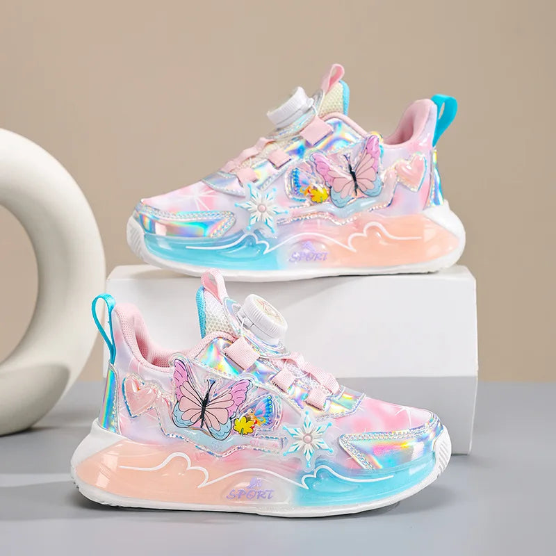 Children's Sneakers 2025 New Girls' Sports Shoes Mesh Breathable Kid's Running Shoes Rotating Buckle Soft Sole Causal Shoes