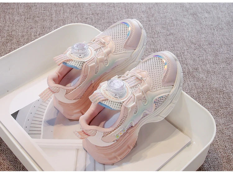 Girls Sneakers with Sweet Flowers Children Running Shoes Rotating Button 2025 New Kids Sports Shoes Princess Style Comfortable
