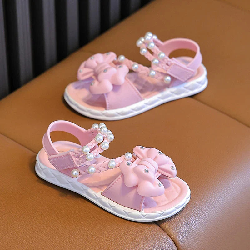New Summer Bow Pearl Ornament Flat Sandals For Girls Aged 1-7 Children Slippers Non-slip Outdoors Seabeach Flip Flops Kids Shoes