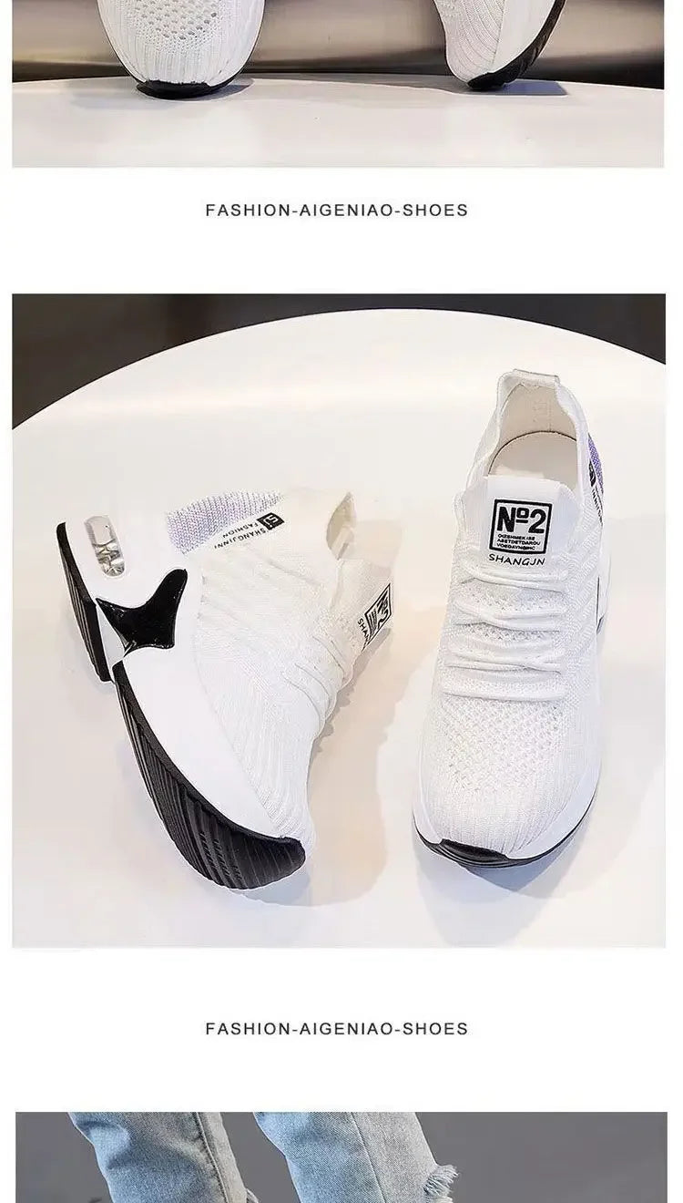 2025 Women's Sneakers Spring Sequined Casual Shoes Woman Platform Heels Wedges Height Increasing Knitted Ladies Vulcanized Shoes