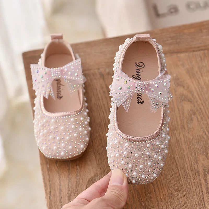 Girl's Princess Shoes Children's Fashion Bow Rhinestone Leather Kids Shoe 2025 New Baby Girls Party Student Flat Shoes