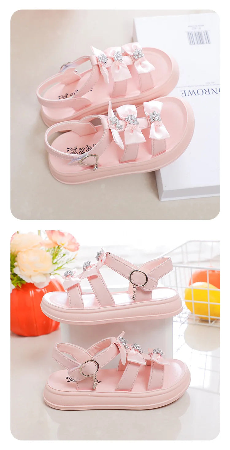 Girls Sandals with Sweet Bows Soft Sole Kids Beach Shoes Versatile 2025 Summer New Children Princess Shoes Casual Non-slip Cute