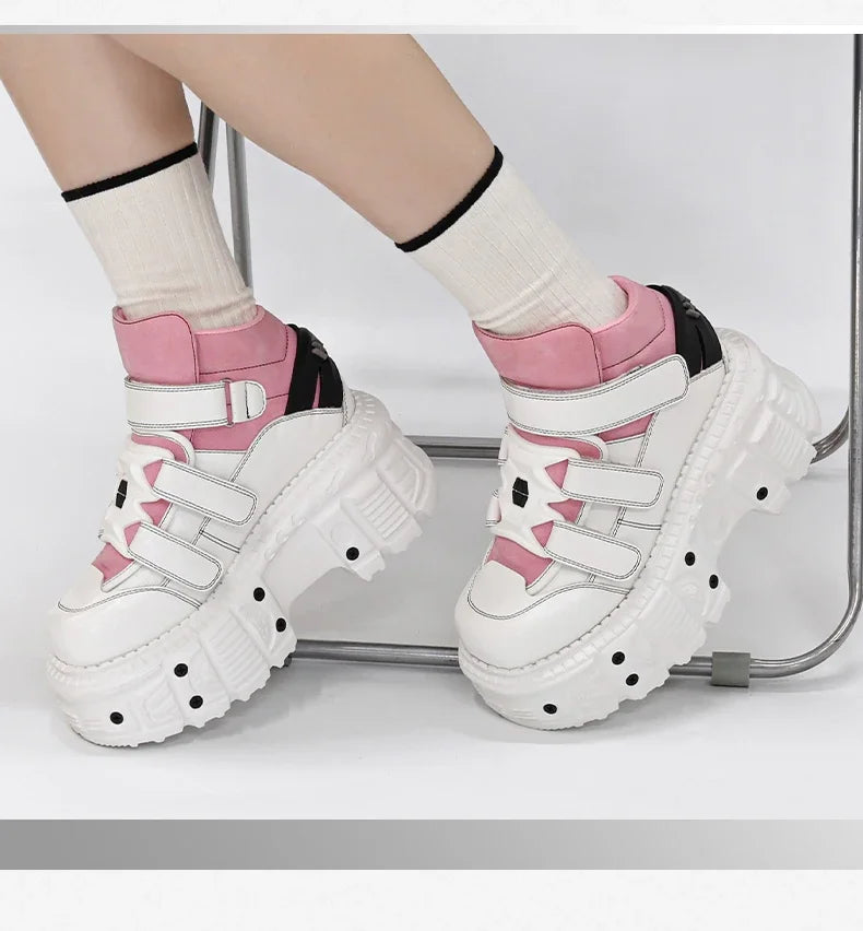 2025  Woman Sneakers New Punk Style Women Shoes Gothic Ankle Rock Boots Lace-up Heel Height Platform Shoes Woman Metal Decor
