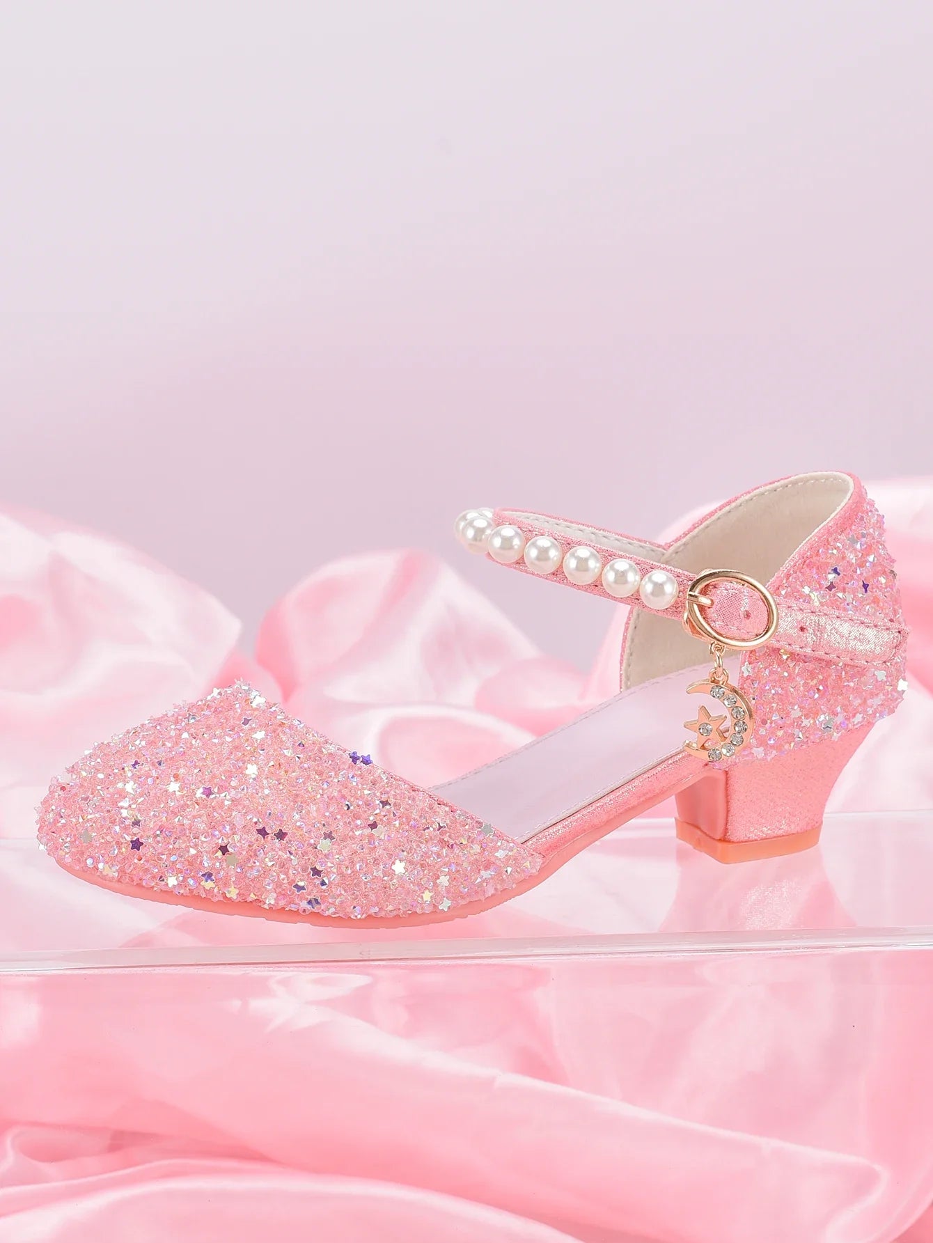Girls' Princess Style High Heel Shoes With Shiny Star Pendant Decoration, Suitable For Dress And Birthday Party