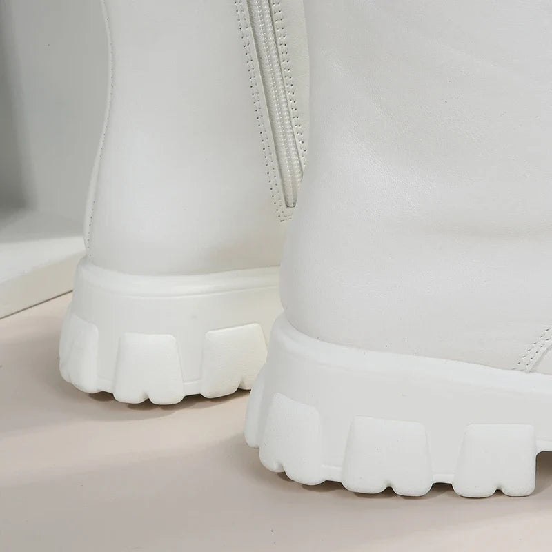 Boots Women 2022 Autumn Winter PU Leather White Ankle Boots Motorcycle Botines Female Chunky Heels Platform Boots Botas Mujer
