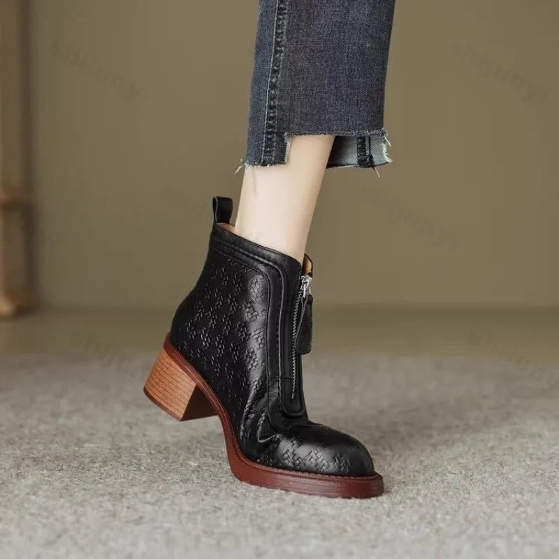 Women's Short Boots 2025 New Autumn Winter Zipper Vintage Chunky Heel Middle Heel Shoes Comfortable Warm Non Slip Fashion Boots