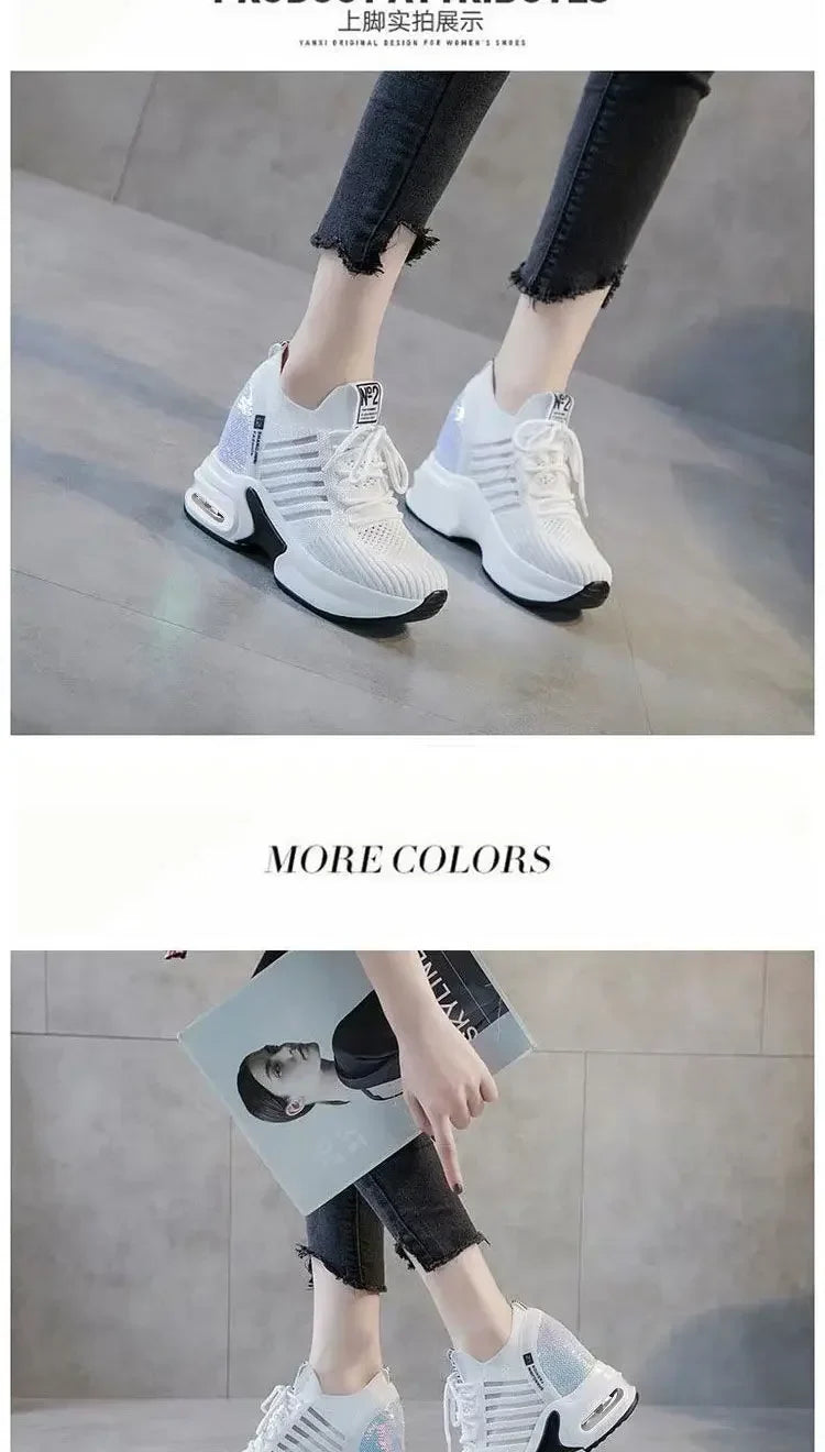 2025 Women's Sneakers Spring Sequined Casual Shoes Woman Platform Heels Wedges Height Increasing Knitted Ladies Vulcanized Shoes
