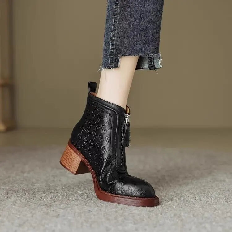 Women's Short Boots 2025 New Autumn Winter Zipper Vintage Chunky Heel Middle Heel Shoes Comfortable Warm Non Slip Fashion Boots