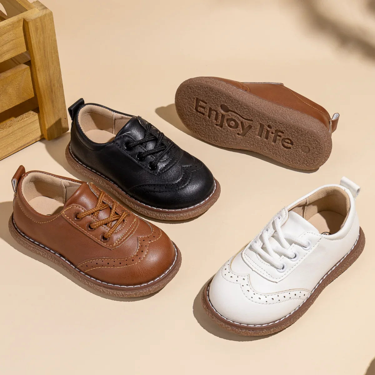 KIDSUN Children Retro Casual Leather Shoes Comfortable Breathable Rubber Soft Anti-Slip Flat Sole Lace Up Solid Color Flats Shoe