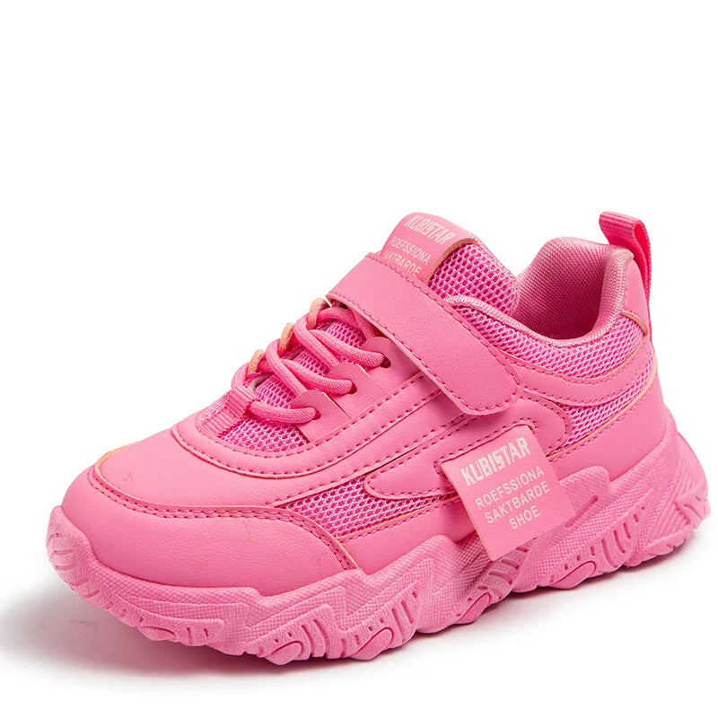 Spring New Kids Sneakers 2023 PU Girls Casual Mesh Solid Pink Light Boys White Hook & Loop Children Non-slip Sports Shoe Fas