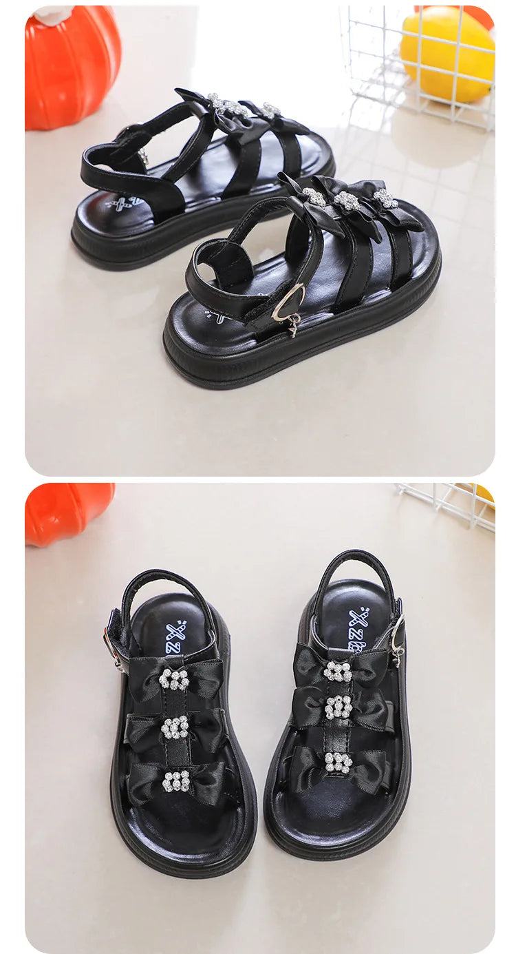 Girls Sandals with Sweet Bows Soft Sole Kids Beach Shoes Versatile 2025 Summer New Children Princess Shoes Casual Non-slip Cute