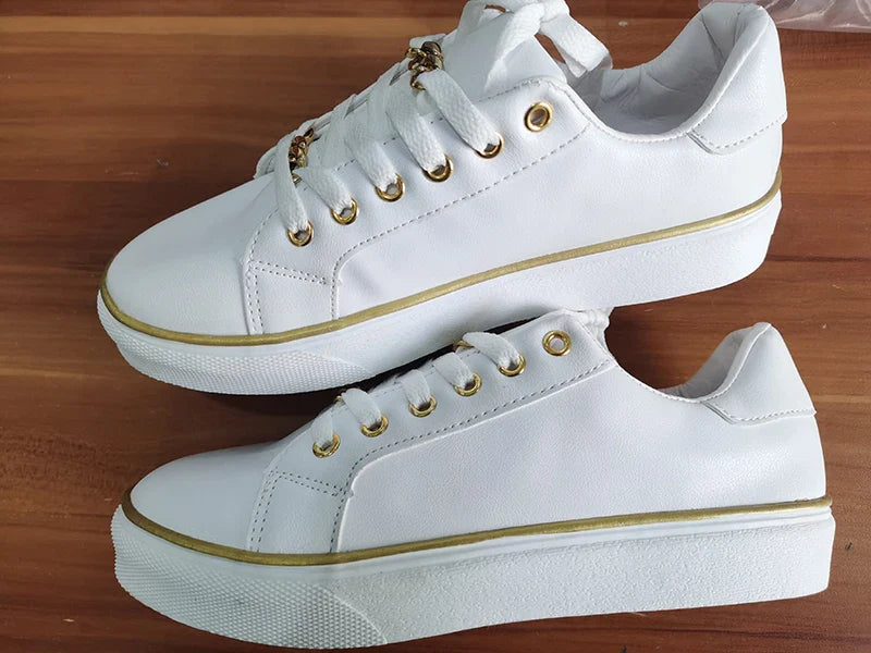 Women's Sneakers 2023 New Fashion Chain Leather Comfortable Round Toe Platform Sneakers Lace-up Walking Women's Vulcanized Shoes