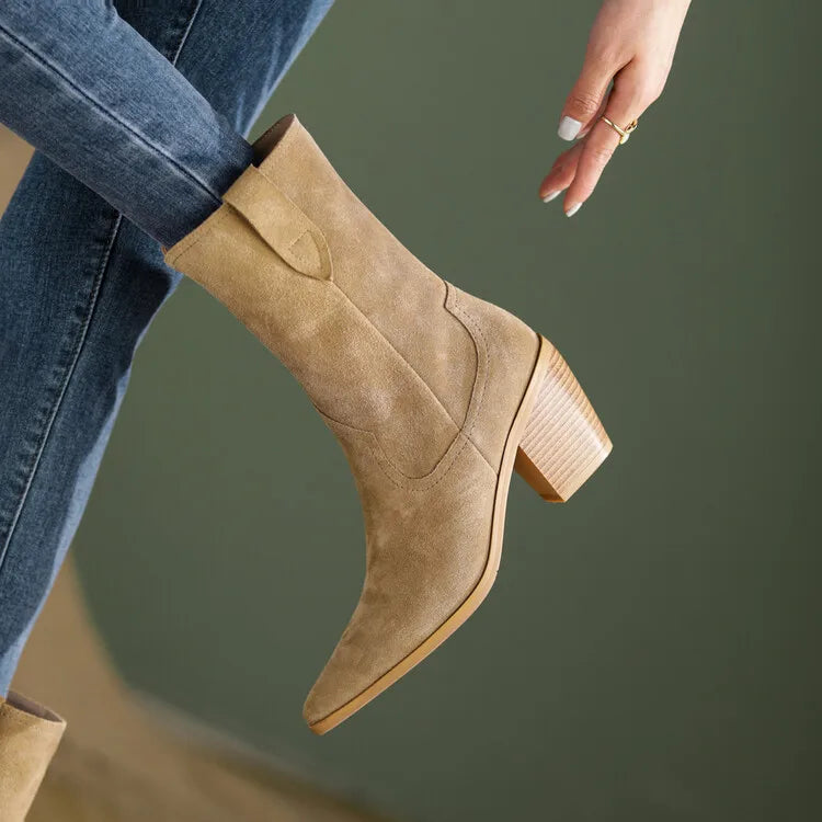 2022 New Autumn/winter Women's Boots Pointed Toe Chunky Heel Short Boots Cow Suede Western Boots Shoes for Women High Heels