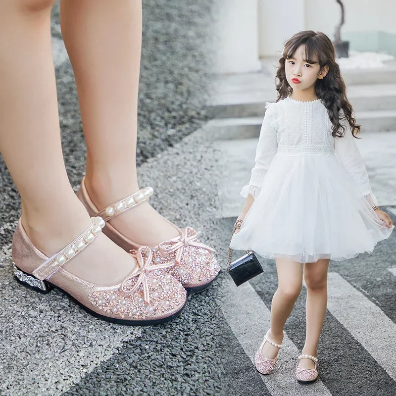 Little Kids Pearl Glitter Leather Shoes Girls Low Heeled Shoes Soft Soles Princess Dance Shoes Children Wedding Party Dress Shoe