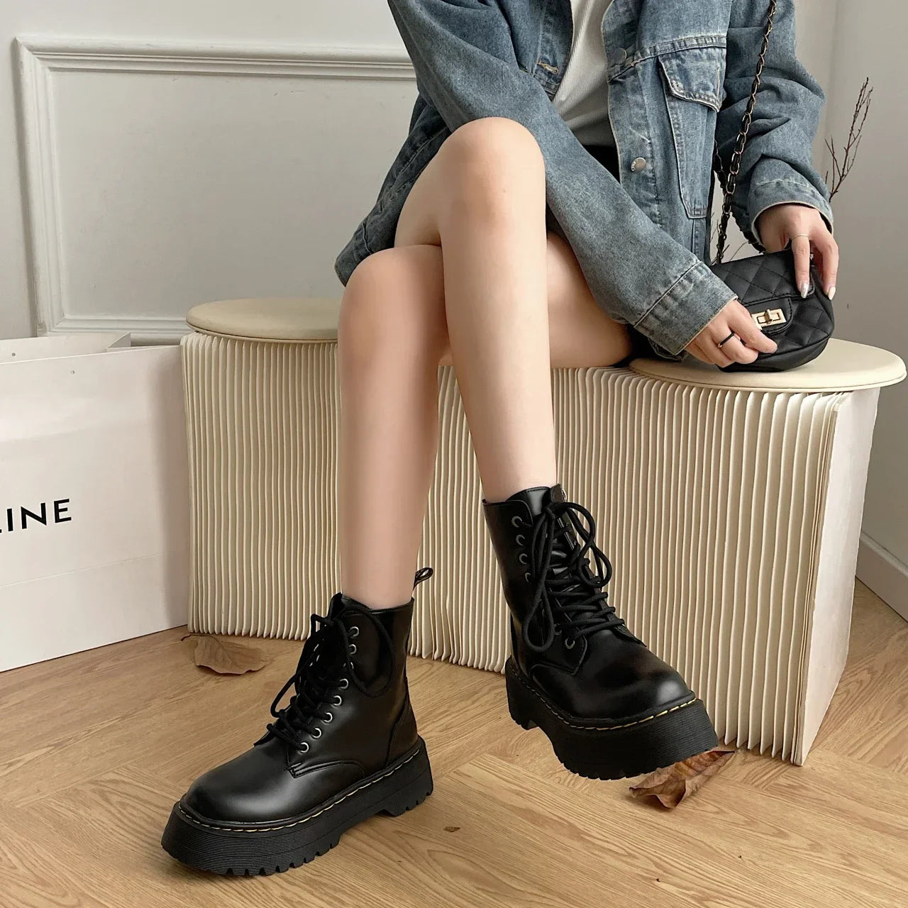 Women's Boots New Genuine Leather Ankle Shoes Chelsea Botas Ladies Classic Punk Platform Shoes Women Casual High Heels Boots