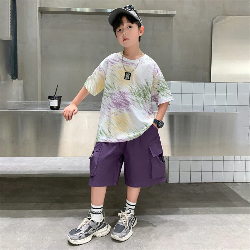 Summer  Boys Shorts Short Sleeve Shorts Handsome High Quality Leisure Sports Simple Two-piece Set.4-16year