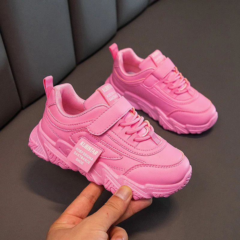 Spring New Kids Sneakers 2023 PU Girls Casual Mesh Solid Pink Light Boys White Hook & Loop Children Non-slip Sports Shoe Fas