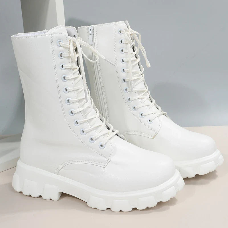 Boots Women 2022 Autumn Winter PU Leather White Ankle Boots Motorcycle Botines Female Chunky Heels Platform Boots Botas Mujer