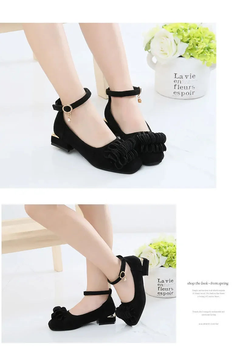 Girls Party Shoes High Heeled Fashion Princess with Flowers Sweet Chic Kids Leather Shoes for Wedding Model Shoes Ankle-strap