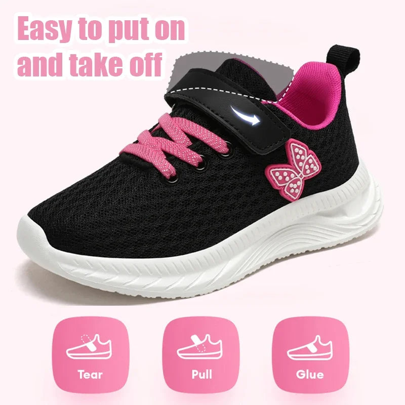 Girls Sports Running Shoes with Velcro Breathable Mesh Casual Sneakers Toddler Girl Lightweight Walking Shoes Non-Slip Sole