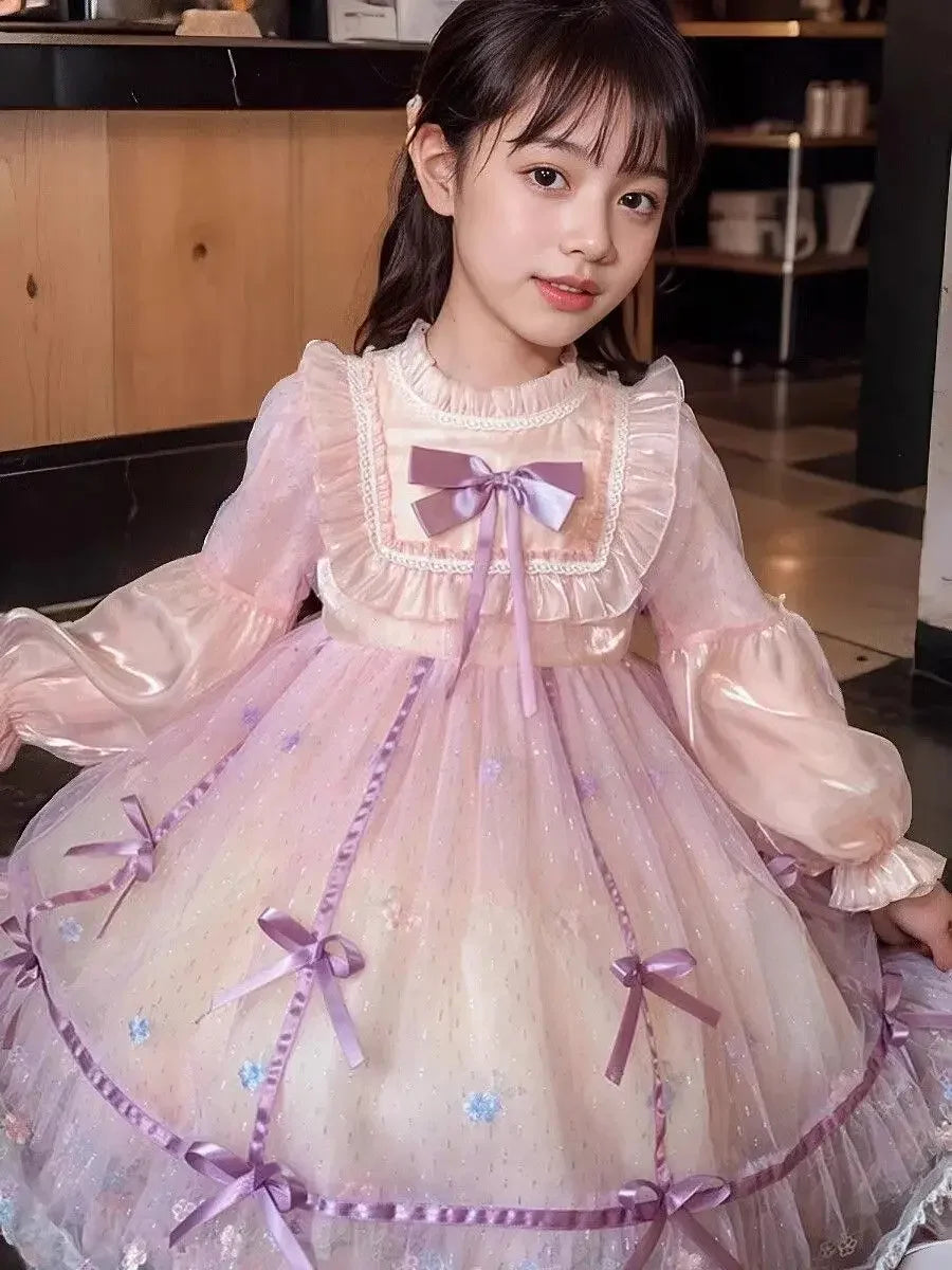 Girls Casual Dresses Princess Dress with Bow Mesh Puffed Sleeve Girls Clothes Wedding Princess Dress for Girls