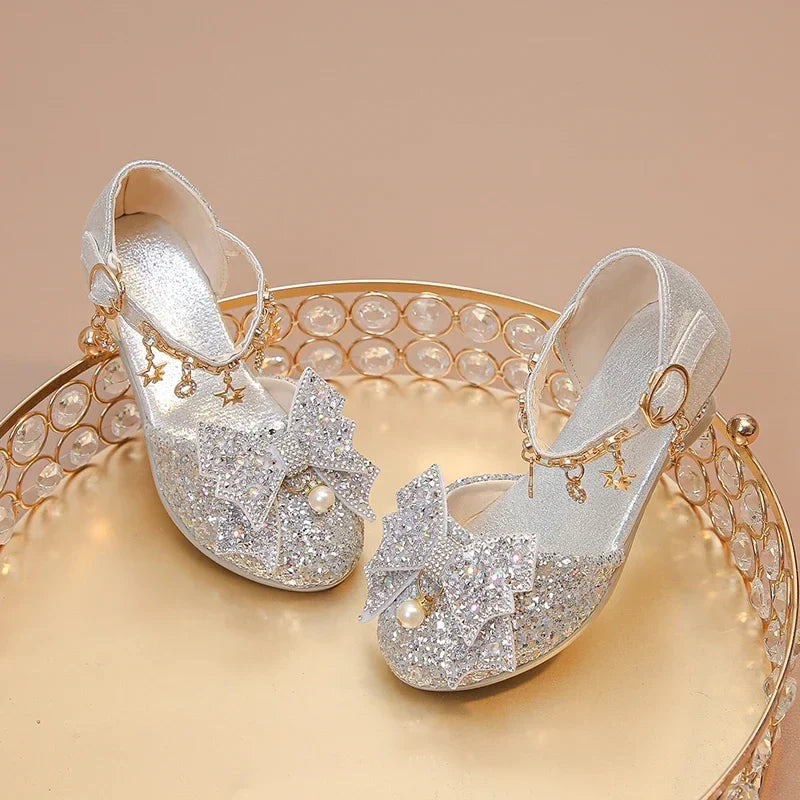 Girls High Heeled Leather Shoes High Heels for Wedding Party Glitter Rhinestone with Bow-knot Kids Dress Pendant Bling Sparkling