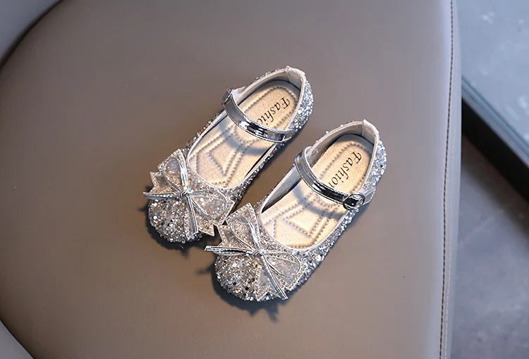 Girl's Princess Shoes Crystal Sequins Bowtie Party Glitter Children Mary Janes Three Colors Wedding Shallow Chic Kids Shoe 26-36