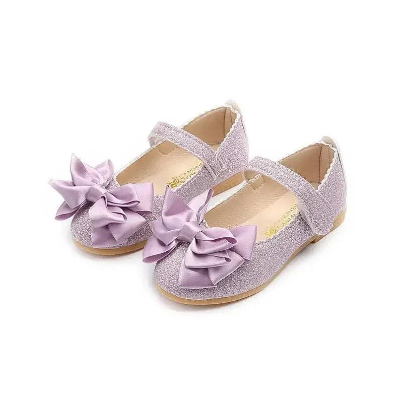 Glitter with Bow-knot Princess Sweet Bling Dress Shoes for Dance Party Girls Leather Shoes for Toddlers Kids Big Children Flats