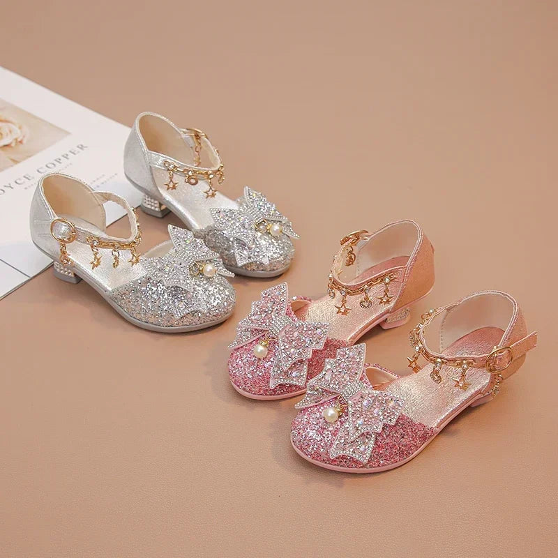 Girls High Heeled Leather Shoes High Heels for Wedding Party Glitter Rhinestone with Bow-knot Kids Dress Pendant Bling Sparkling
