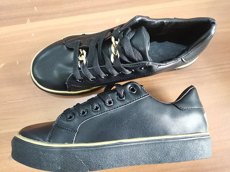 Women's Sneakers 2023 New Fashion Chain Leather Comfortable Round Toe Platform Sneakers Lace-up Walking Women's Vulcanized Shoes