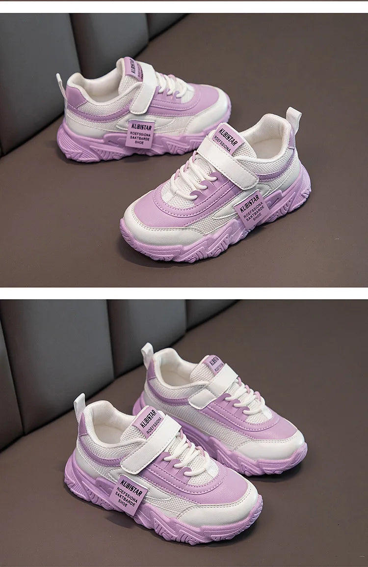 Spring New Kids Sneakers 2023 PU Girls Casual Mesh Solid Pink Light Boys White Hook & Loop Children Non-slip Sports Shoe Fas