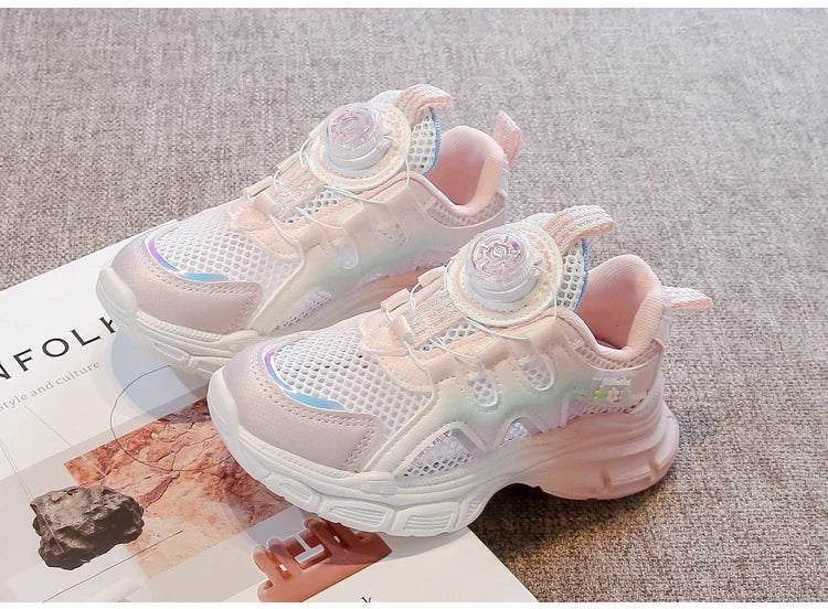 Girls Sneakers with Sweet Flowers Children Running Shoes Rotating Button 2025 New Kids Sports Shoes Princess Style Comfortable