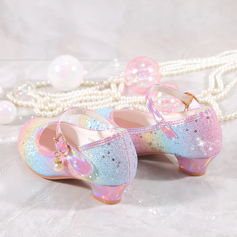 YUNICUS Girls High Heels Princess Shoes Students Children's Single Shoes Little Girl Performance Sequins Glitter Leather Shoes