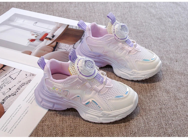Girls Sneakers with Sweet Flowers Children Running Shoes Rotating Button 2025 New Kids Sports Shoes Princess Style Comfortable