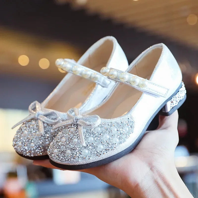 Children's Wedding Shoes Princess Party Girls' Shoes Mary Jane Flats Elastic Shoes Baby Fashion Pearl Diamond Kids Dance Shoes