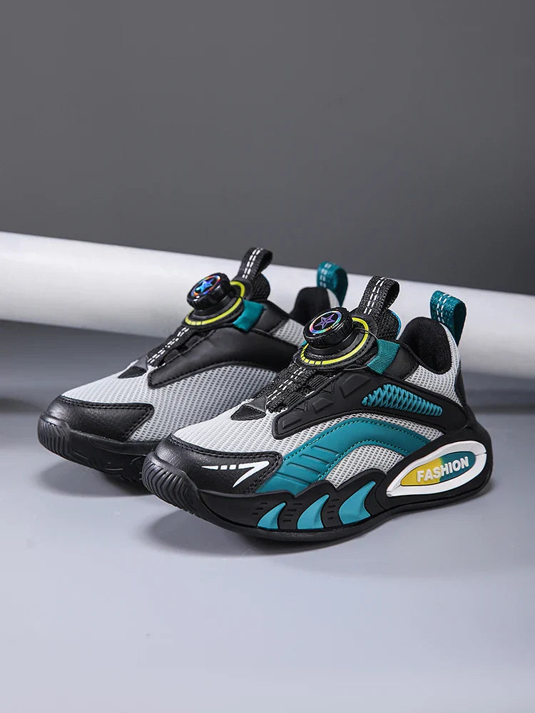 Boys' New Trendy Color-Blocked Mesh Sneakers with Knob Buckle, Dad Shoe Style Breathable Children's Shoes, Spring and Autumn Campus Outdoor Non-Slip Running Shoes, Casual Sports Trendy Shoes