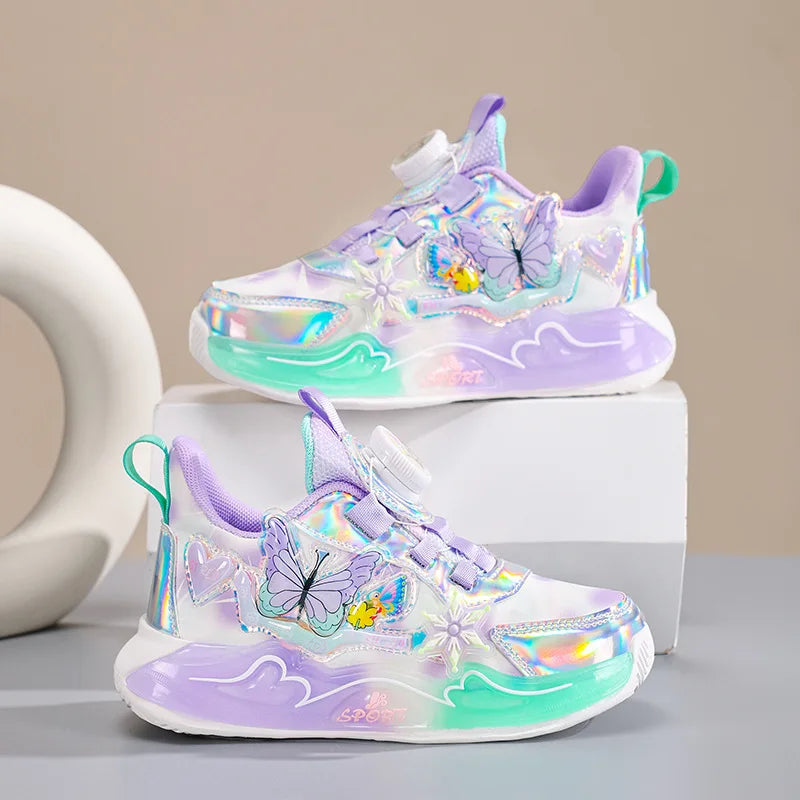 Children's Sneakers 2025 New Girls' Sports Shoes Mesh Breathable Kid's Running Shoes Rotating Buckle Soft Sole Causal Shoes