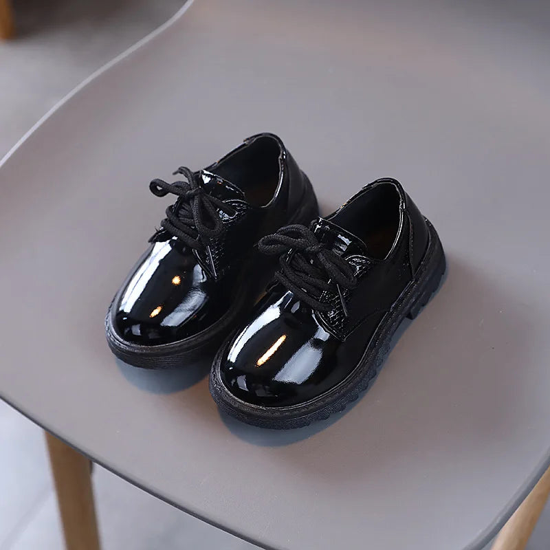 Boys Performance Leather Shoes Spring and Autumn New 2023 Britain Style All-match Black Children's Fashion Black Lace-up Simple