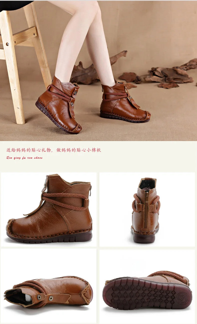 Women's Boots 2025 Autumn and Winter New Flat Soft Soled Short Boots National Style Vintage Womens Shoes Warm and Cotton Shoes