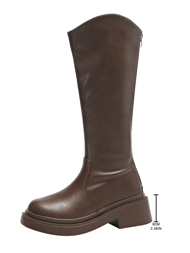 Women's High-top Fashion Boots Spring Autumn Round Toe High-Heeled Boots with Back Zipper Comfortable Simple High-Top Boots